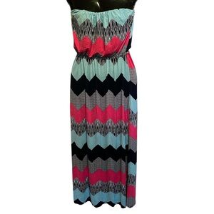 Three Pink Hearts Chevron Strapless Maxi Dress S | Y2K Festival Boho Colorblock